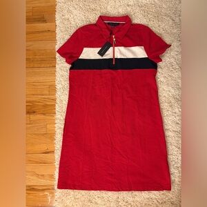 New Tommy Hilfiger Red Mini Polo Shirt Dress with Short Sleeves and Collar
